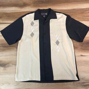 Nat Nast Bowling Shirt Mens Silk Cream Black Argyle Embroidery Charlie Sheen